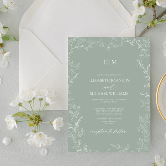 Elegante Minimal Leaf Sage Green Monogram Wedding Einladung