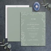 Elegante Minimal Leaf Sage Green Monogram Wedding Einladung