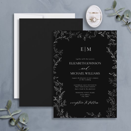 Elegante Minimal Leaf Schwarz-weiße Monogramm-Hoch Einladung
