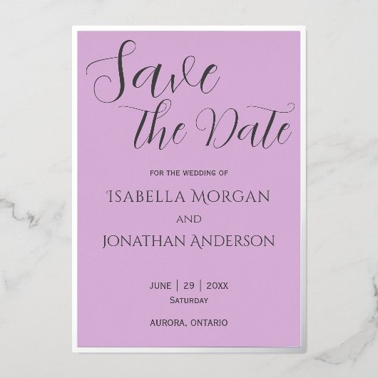 Elegante Minimal Lila Hochzeit speichern Sie das D Folieneinladung (Vorderseite)