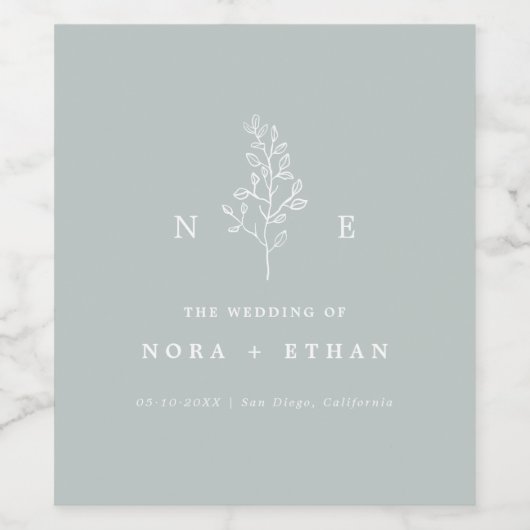 Elegante Minimal Monogram Leaf Sage Wedding Weinetikett (Einzelnes Label)