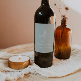 Elegante Minimal Monogram Leaf Sage Wedding Weinetikett