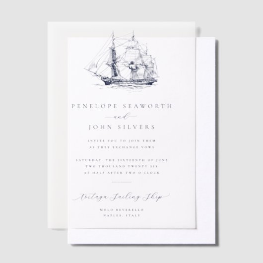 Elegante Minimal Nautical Ship Illustration Hochze Pergament Einladungen (Versetzt)