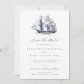 Elegante Minimal Nautical Ship Illustration Hochze Save The Date (Vorderseite)