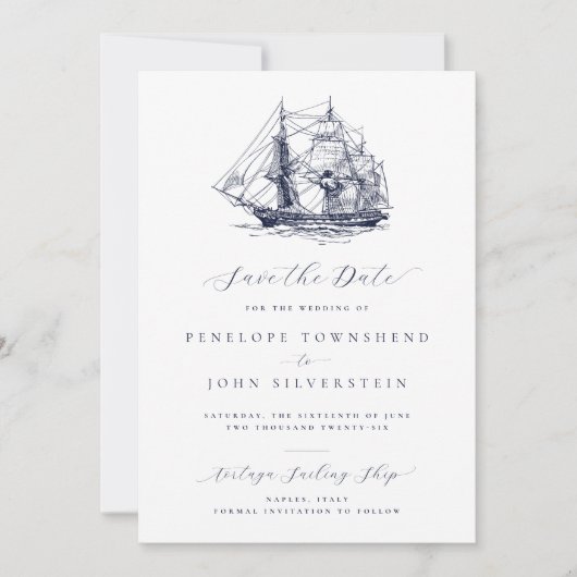 Elegante Minimal Nautical Ship Illustration Hochze Save The Date (Vorderseite)
