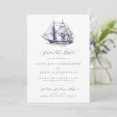 Elegante Minimal Nautical Ship Illustration Hochze Save The Date (Stehend Vorderseite)