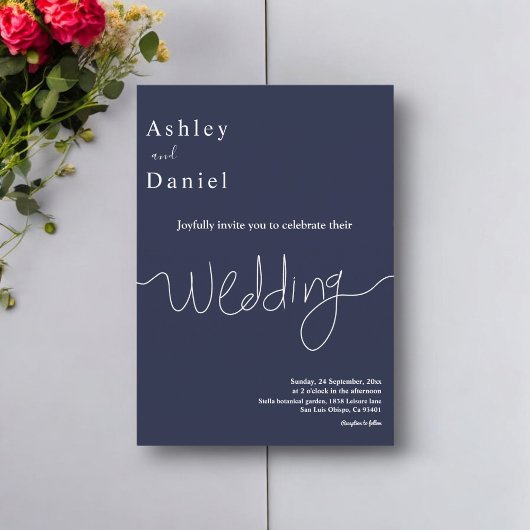 Elegante Minimal Navy Blue White Moderne Hochzeit Einladung