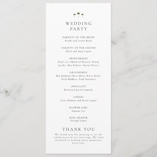 Elegante Minimal Palm Tree Wedding Programm (Rückseite)