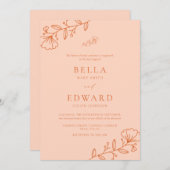 Elegante Minimal Peach Floral Wedding Einladung (Vorne/Hinten)