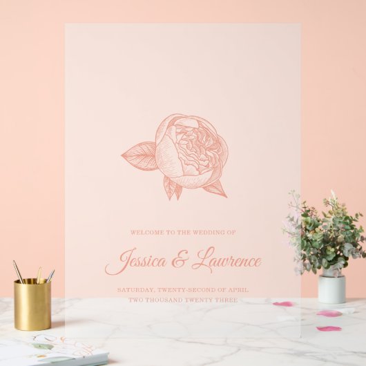 Elegante Minimal Peony Wedding Willkommen Mattiert Acrylschild (Hochzeit)