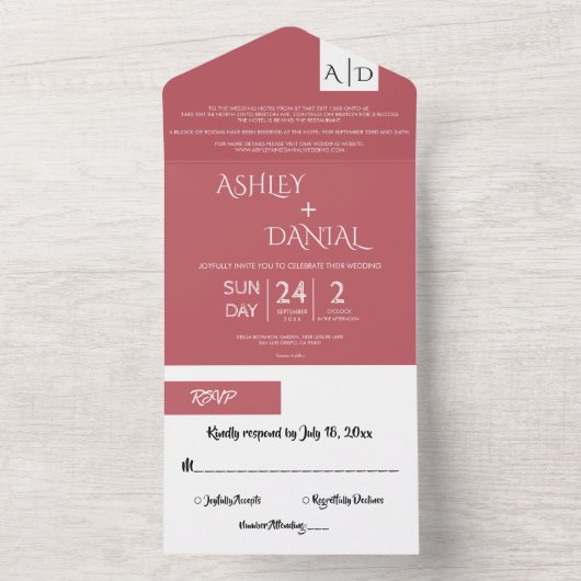 Elegante Minimal Pink Script Chic Moderne Hochzeit All In One Einladung (Innen Boden)