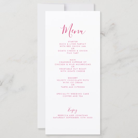 Elegante Minimal Rosa Wedding Menu Card (Vorderseite)