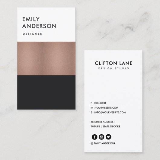 ELEGANTE MINIMAL-ROSE GOLD-COPPER-BLACK-STREIFEN VISITENKARTE (Vorne/Hinten)