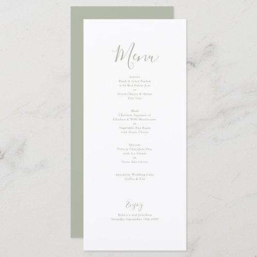 Elegante Minimal Sage Green Wedding Menu Card (Vorne/Hinten)