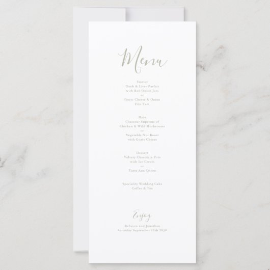Elegante Minimal Sage Green Wedding Menu Card (Vorderseite)
