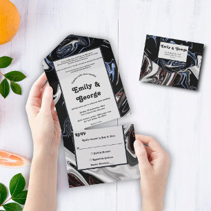 Elegante Minimal Schwarz-weiß Blue Abstrakt Weddin All In One Einladung