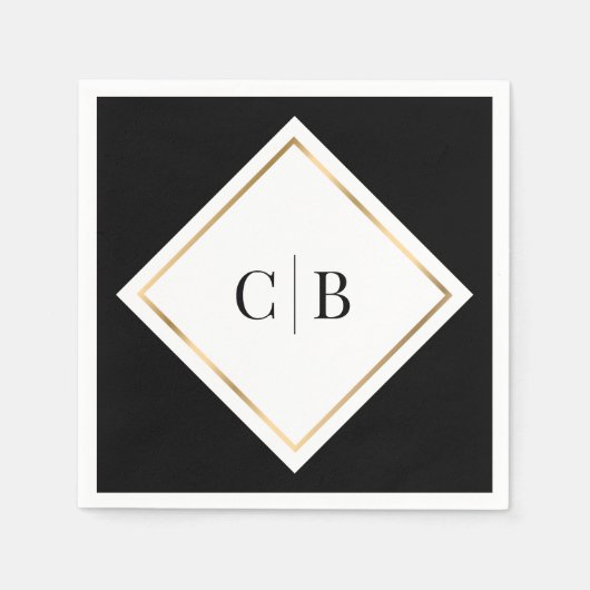Elegante Minimal Schwarz-weiß Gold Monogram Weddin Serviette (Vorderseite)