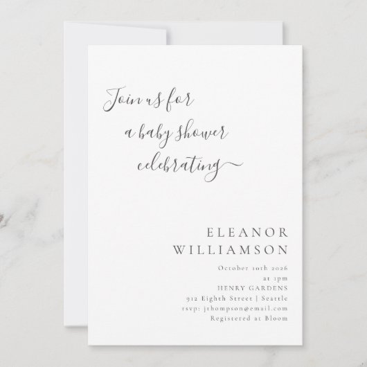 Elegante Minimal Schwarz-weiß Script Baby Dusche Einladung (Vorderseite)