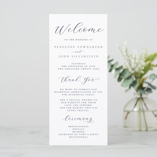 Elegante Minimal-Script-Typografie-Hochzeit Programm (Stehend Vorderseite)