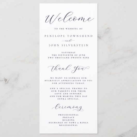Elegante Minimal-Script-Typografie-Hochzeit Programm (Vorderseite)