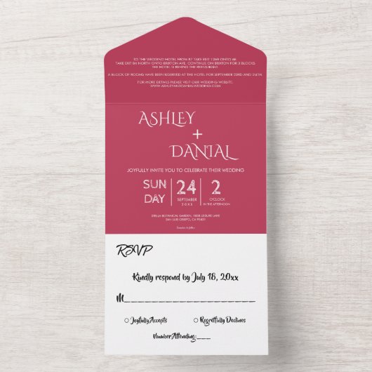 Elegante Minimal Viva Magenta Moderne Hochzeit All In One Einladung (Innen Boden)