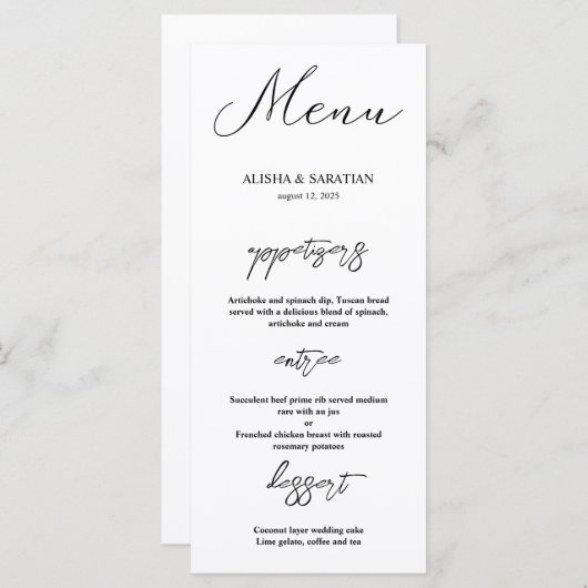 Elegante Minimal Wedding Menu Cards (Vorne/Hinten)