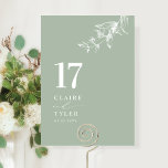 Elegante, minimale botanische, blassgrüne Hochzeit Tischnummer<br><div class="desc">Mit dieser eleganten, hellgrünen Hochzeitskarte führen Sie Ihre Gäste zu ihrem Tisch. Die Tischnummer ist elegant. Stilvolles und einfaches Design mit Namen auf der Seite und dem "und" in moderner handgeschriebener Kalligrafie. Feine, handgezeichnet, botanisch-grüne Ecke Detail. Bitte geben Sie für jede Tischnummer eine individuelle Bestellung auf (d.h. für eine Veranstaltung...</div>