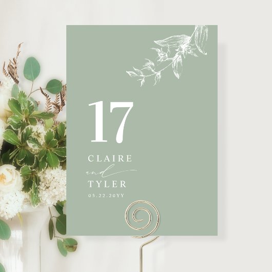 Elegante, minimale botanische, blassgrüne Hochzeit Tischnummer