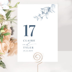 Elegante, Minimale Botanische Blaue Hochzeit Tischnummer