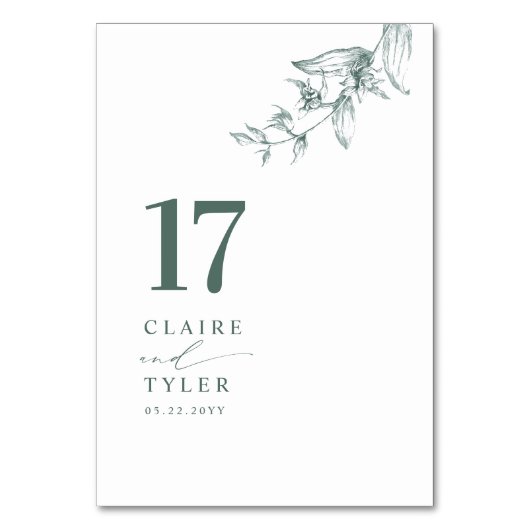 Elegante, minimale botanische Hochzeit Tischnummer (Vorderseite)