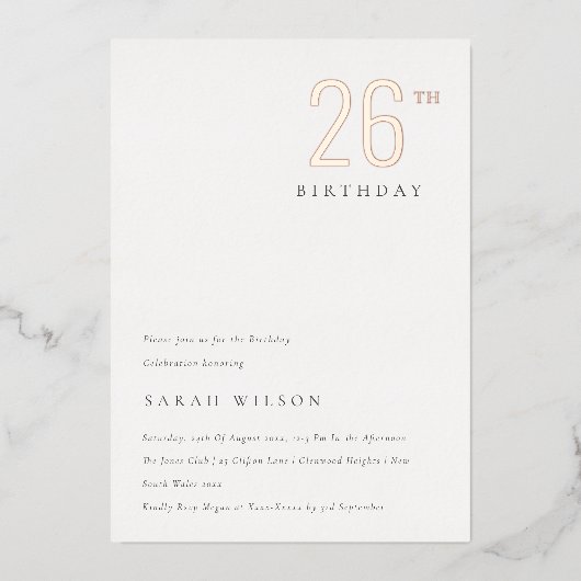 Elegante minimale fette Rose Gold jedes Alters Geb Folieneinladung (Vorderseite)