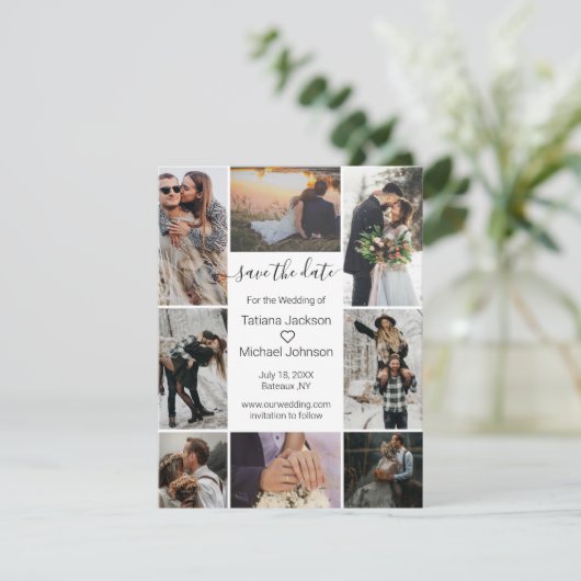 elegante minimale Kalligraphie 8 Fotos Save The Date (Stehend Vorderseite)