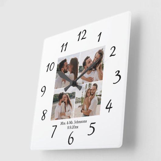 elegante minimale mrs & mr 4 Fotos Collage Hochzei Quadratische Wanduhr (Winkel)