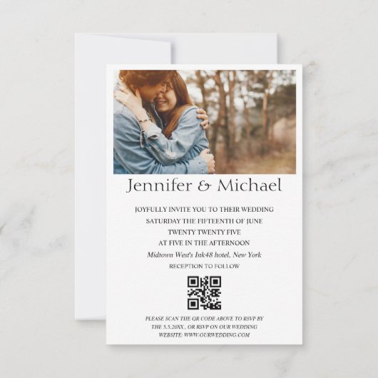 elegante minimale qr Code uAwg 4 Fotos Hochzeit Einladung (Rückseite)