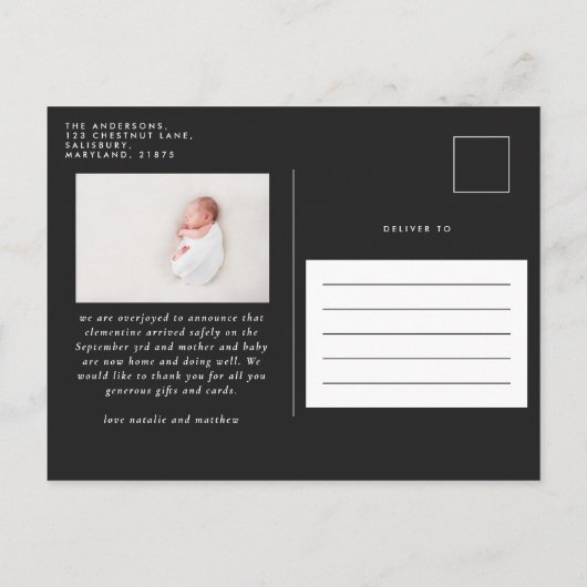 Elegante minimale Schwarz-Weiß-Foto-Geburt Ankündigungspostkarte (Rückseite)