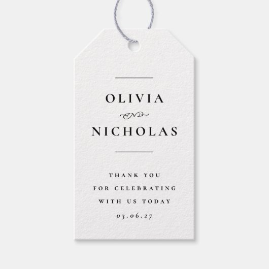 Elegante minimale Schwarz-Weiß-Hochzeit Geschenkanhänger (Vorderseite)