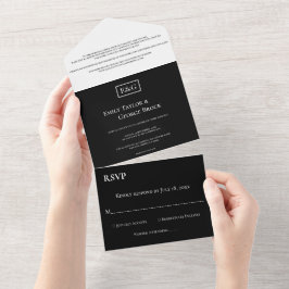 Elegante minimale Schwarz-Weiß-Monogramm-Hochzeit All In One Einladung