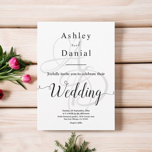 Elegante minimale Schwarz-Weiß-Monogramm-Hochzeit Einladung