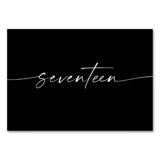 Elegante minimale Skriptkarten Nummer siebzehn Tischnummer (Vorderseite)