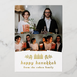 Elegante minimalist Happy Hanukkah Familie 4 Foto Folien Feiertagskarte
