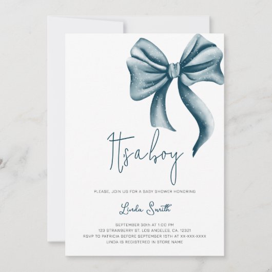 Elegante Minimalistisch Blue Bow Boy Baby Shower Einladung (Vorderseite)