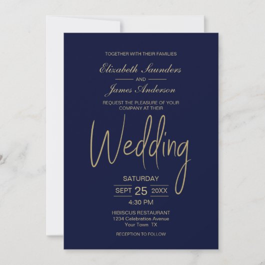 Elegante Minimalistisch Blue Gold Wedding Einladung (Vorderseite)