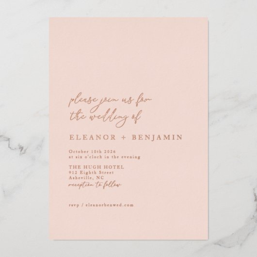 Elegante Minimalistisch Blush Pink Wedding Rose Go Folieneinladung (Vorderseite)