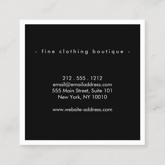 Elegante Minimalistisch Luxus Boutique Schwarz/Wei Quadratische Visitenkarte (Rückseite)