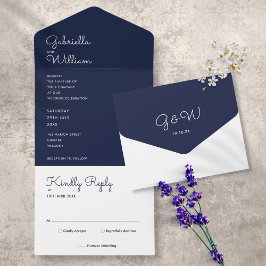Elegante Minimalistisch Navy Blue Monogram Wedding All In One Einladung