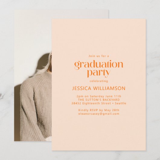 Elegante Minimalistisch Peach Foto Graduation Part Einladung (Vorne/Hinten)