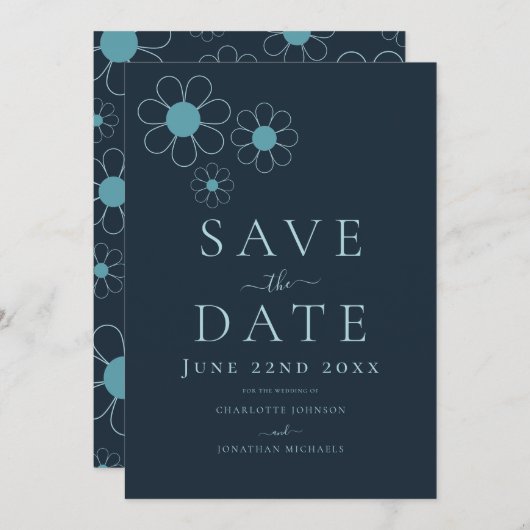 Elegante Minimalistisch Retro Daisy Blue Wedding Save The Date (Vorne/Hinten)