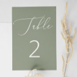 Elegante Minimalistisch Sage Green Rustic Wedding Tischnummer<br><div class="desc">Erschaffen Sie eine ruhige, naturlich inspirierte Atmosphäre an Ihrem Empfang mit dieser eleganten Weisen grünen Tischnummer. Der gedämpfte grüne Hintergrund bietet ein sanftes, Bio Ambiente, während das minimalistische weiße Skript eine Touch moderner Eleganz verleiht. Ideal für Hochzeiten im Garten, für rustikale Veranstaltungen oder auch für inspirierte Veranstaltungen. Diese Tischnummer ist...</div>