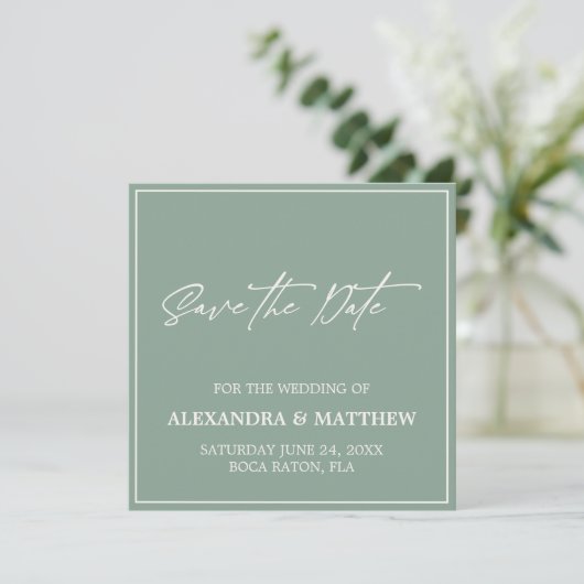 Elegante Minimalistisch Sage Green Save The Date (Stehend Vorderseite)