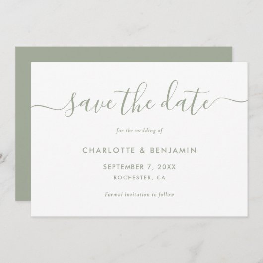 Elegante Minimalistisch Sage Green Wedding Save The Date (Vorne/Hinten)